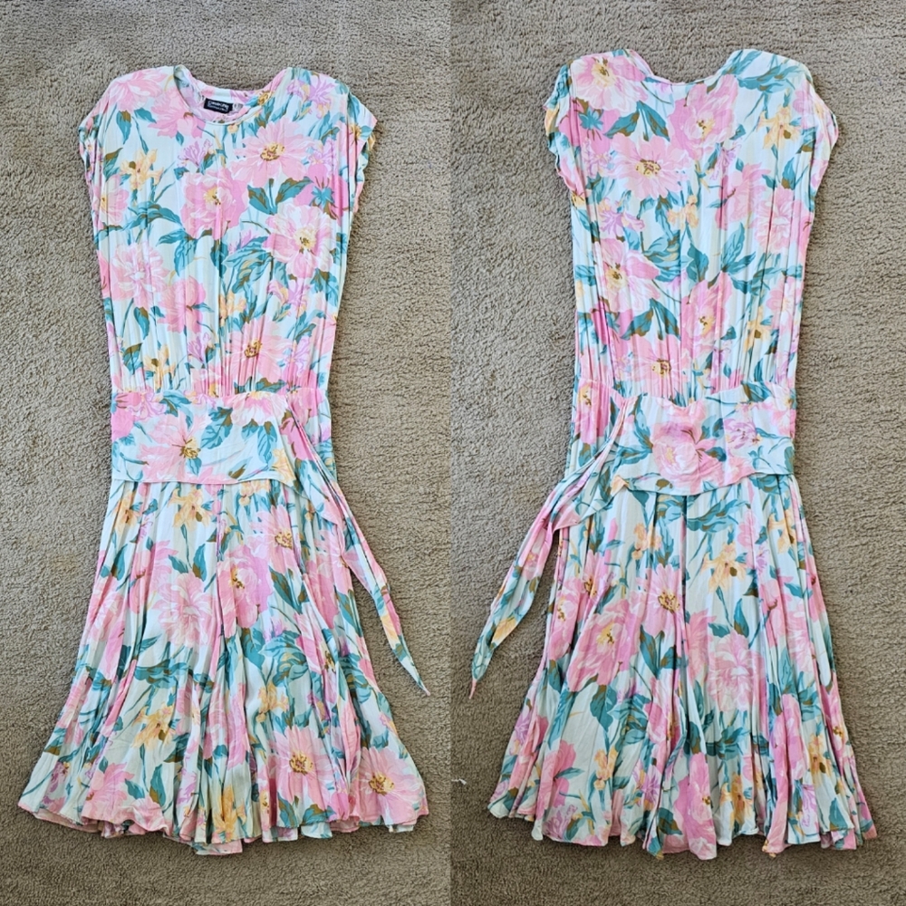 Carole Little Saint Tropez 80's Vintage Pink & Teal Floral Midi Drop Waist Dress